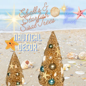 Nautical Shell Starfish Sisal Bottlebrush Tree Set of 2 Beach Home Decor